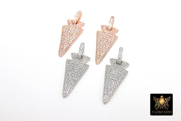 Silver CZ Pave Arrow Charms, Rose Gold Plated Diamond Pave #43, Cubic Zirconia 12 x 28 mm Arrowheads